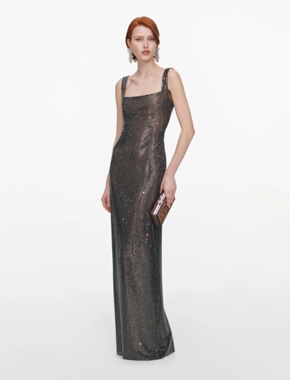 Self-Portrait Gunmetal Square Neck Rhinestone Maxi Dress